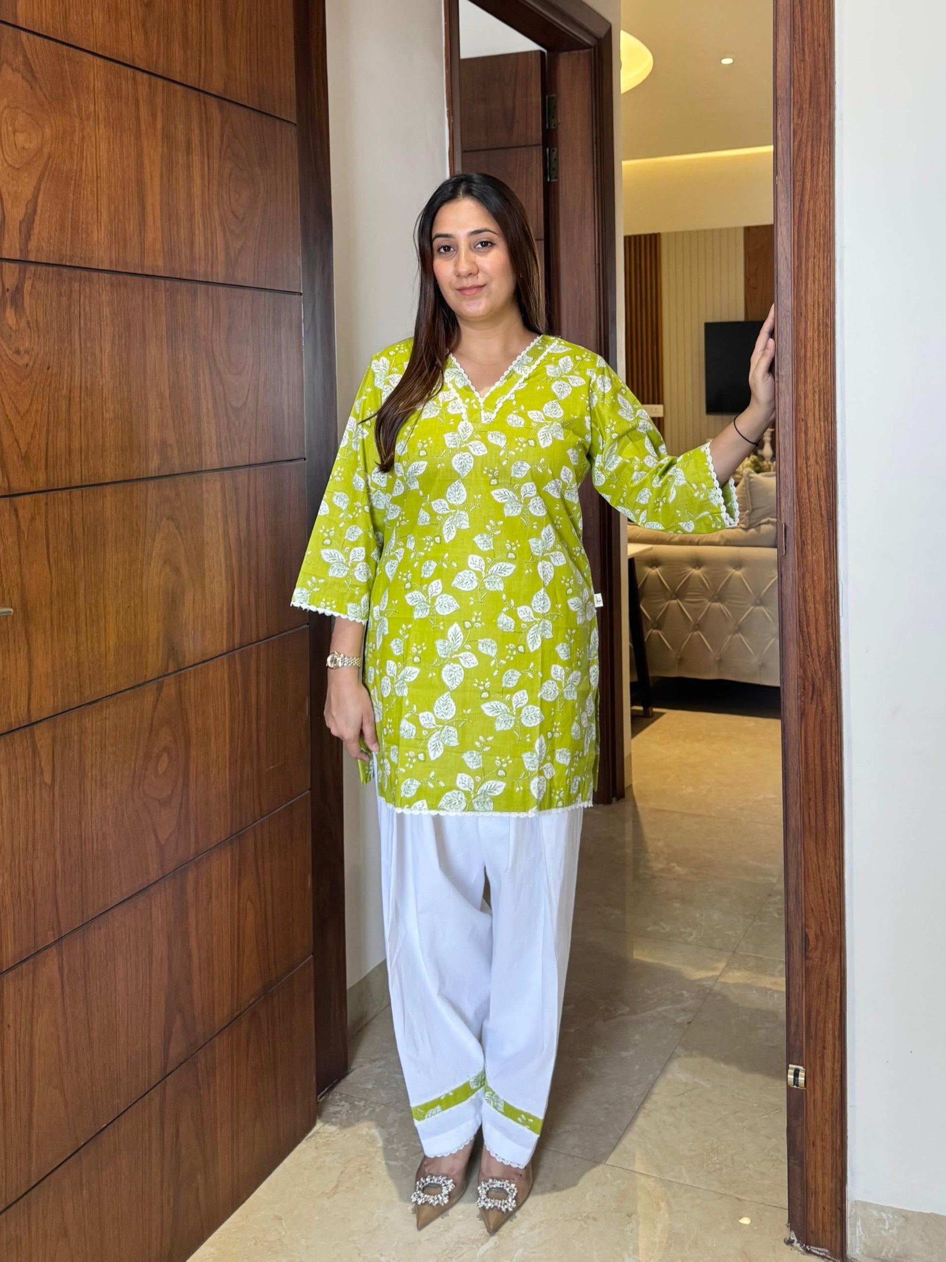 Pear green kurta with white farsi salwar