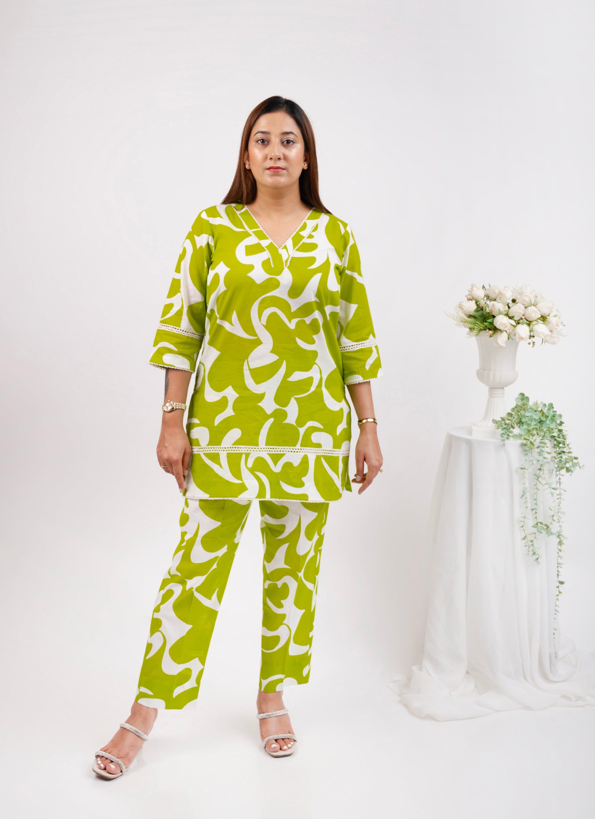 lime green Sage Floral Cotton Co-ord Set