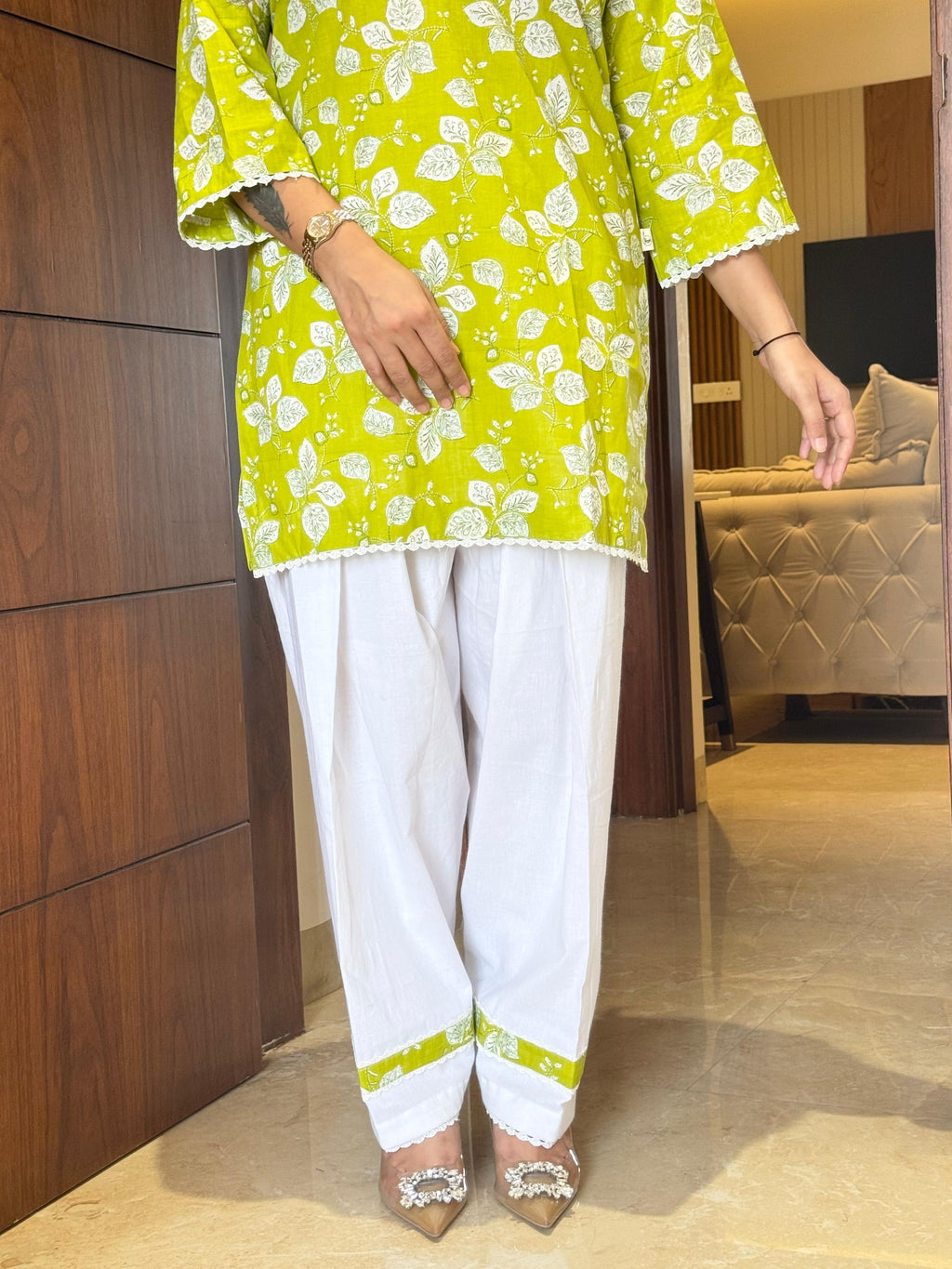 Pear green kurta with white farsi salwar