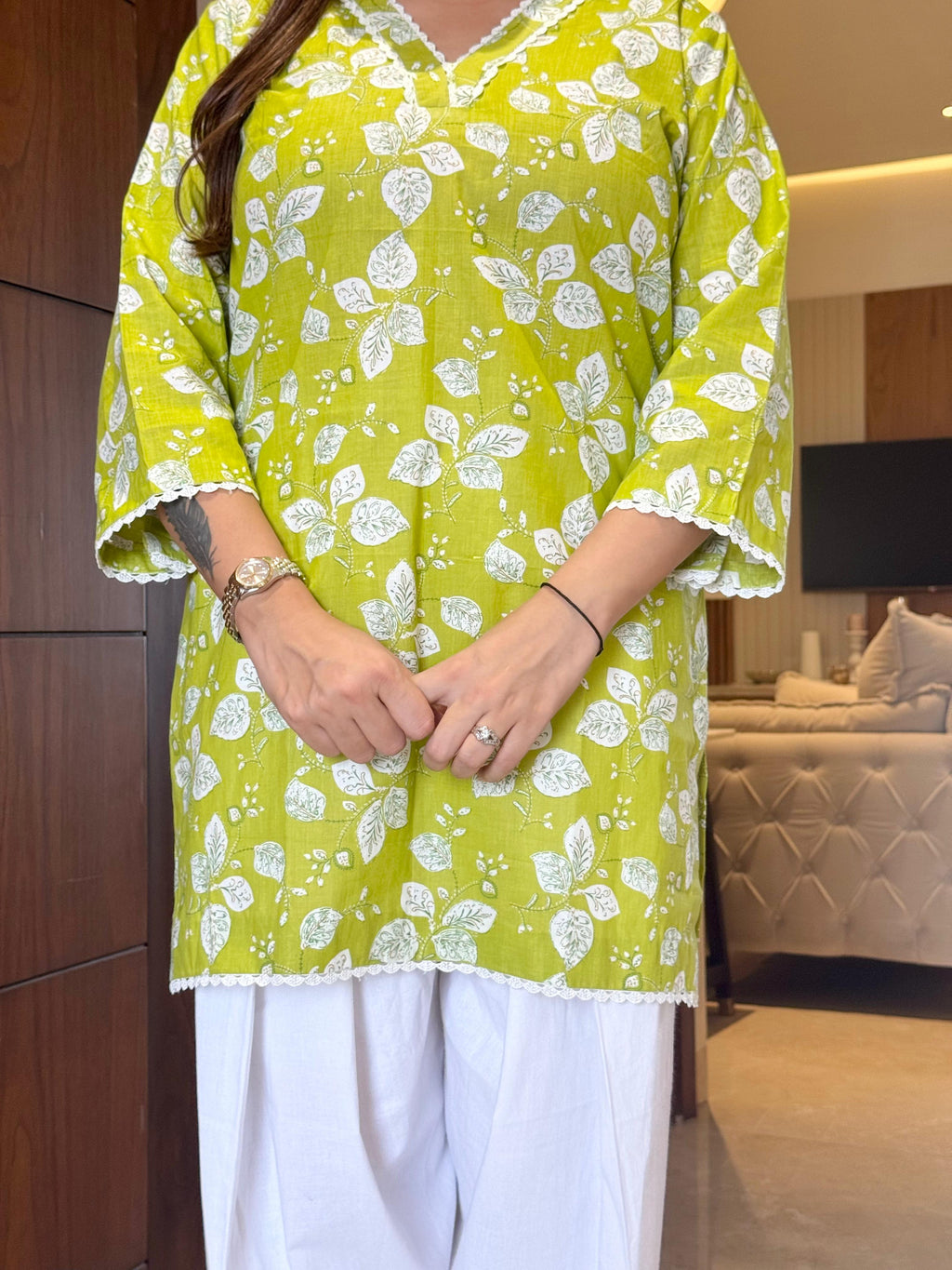 Pear green kurta with white farsi salwar