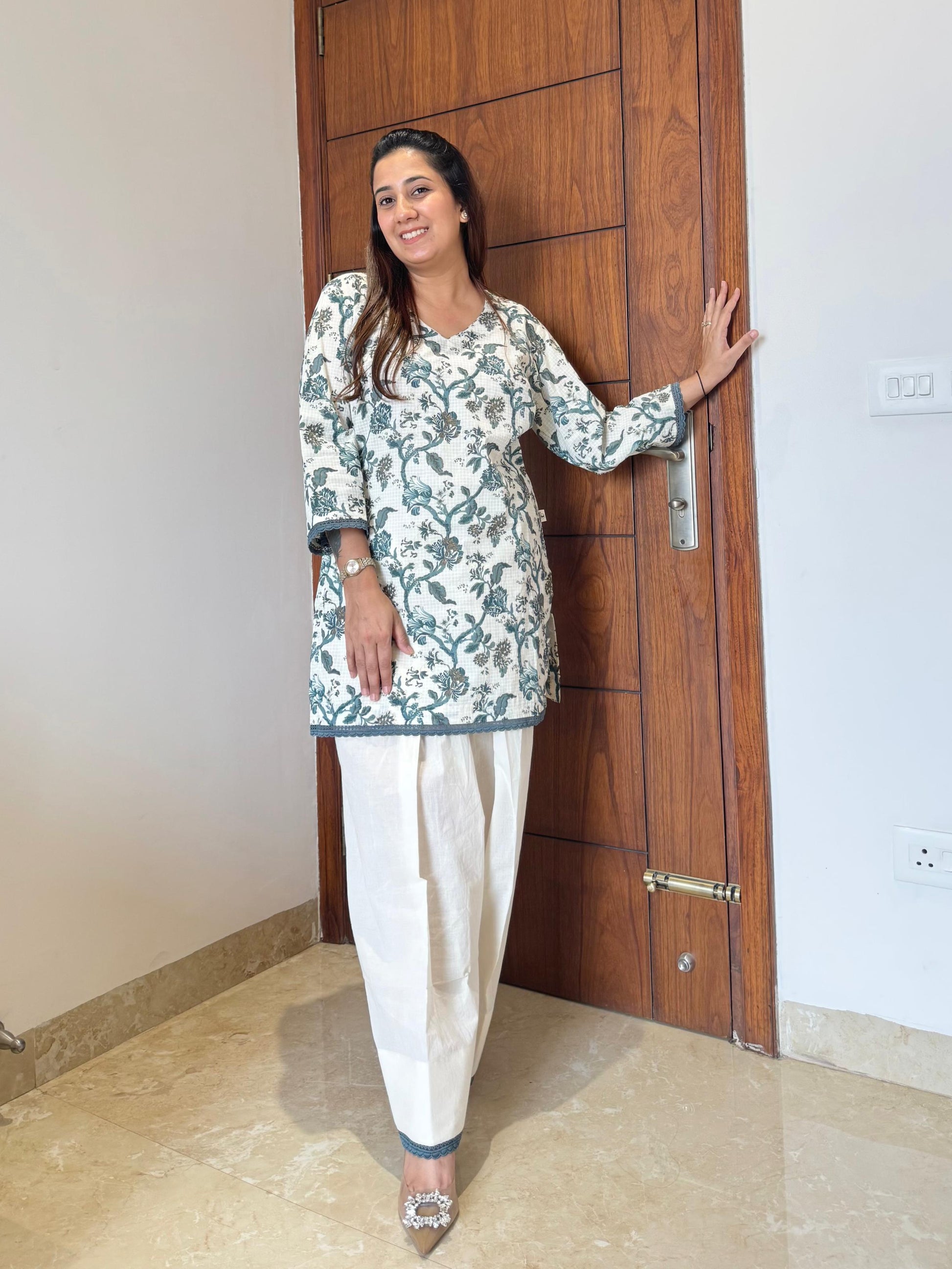 Teal green print with cream farsi salwar