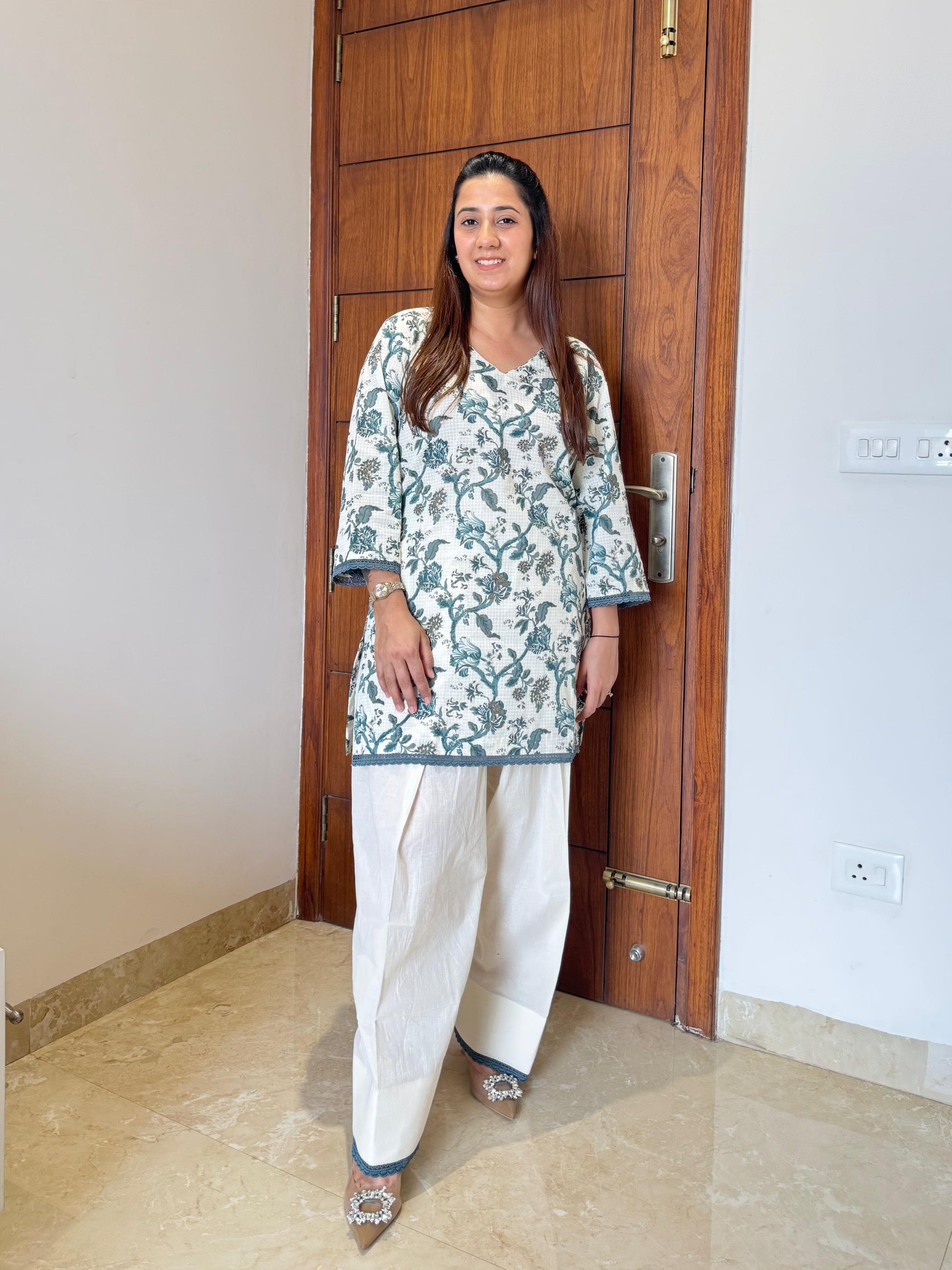 Teal green print with cream farsi salwar