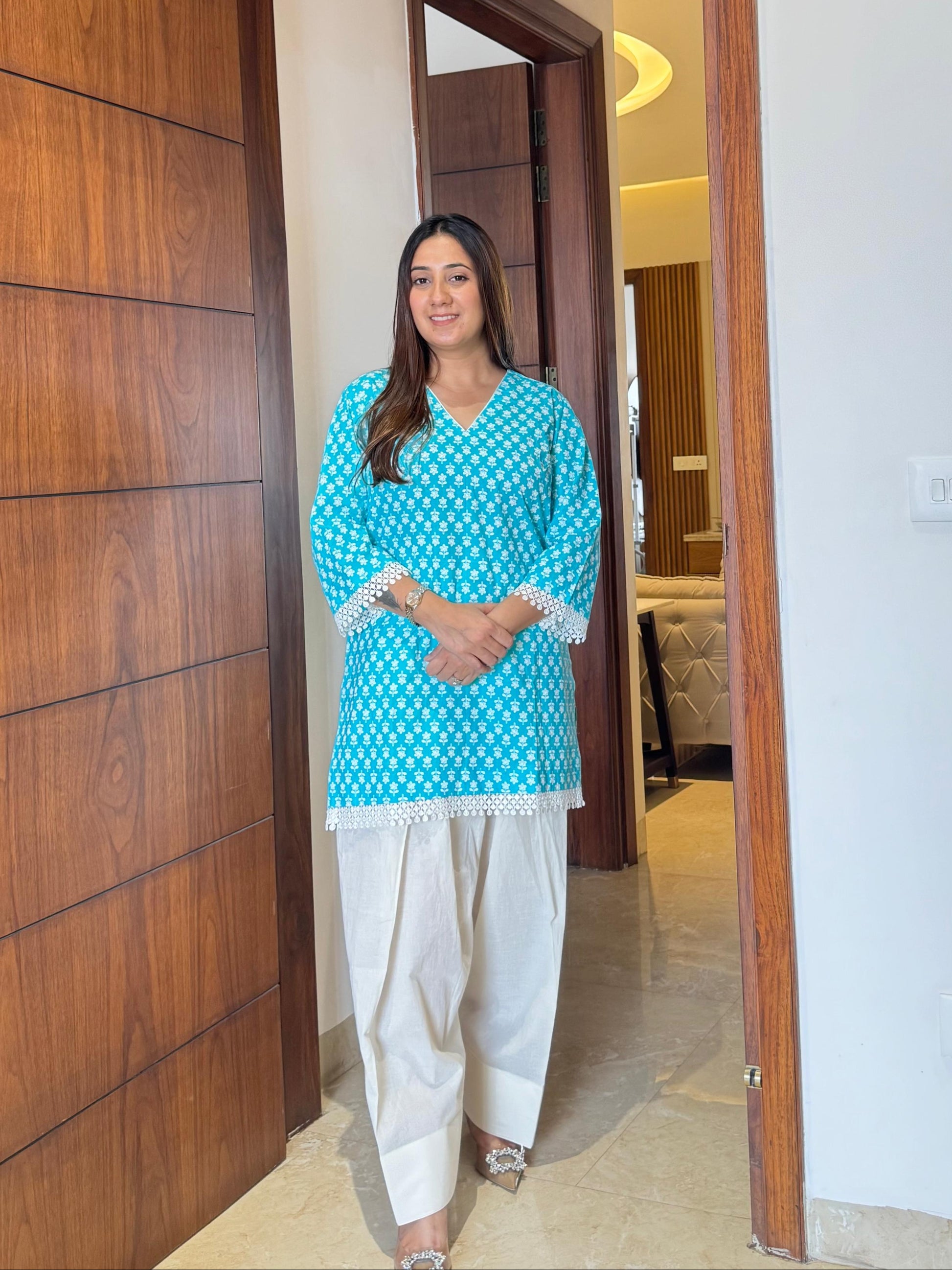 Turkish blue kurta with off-white farsi salwar