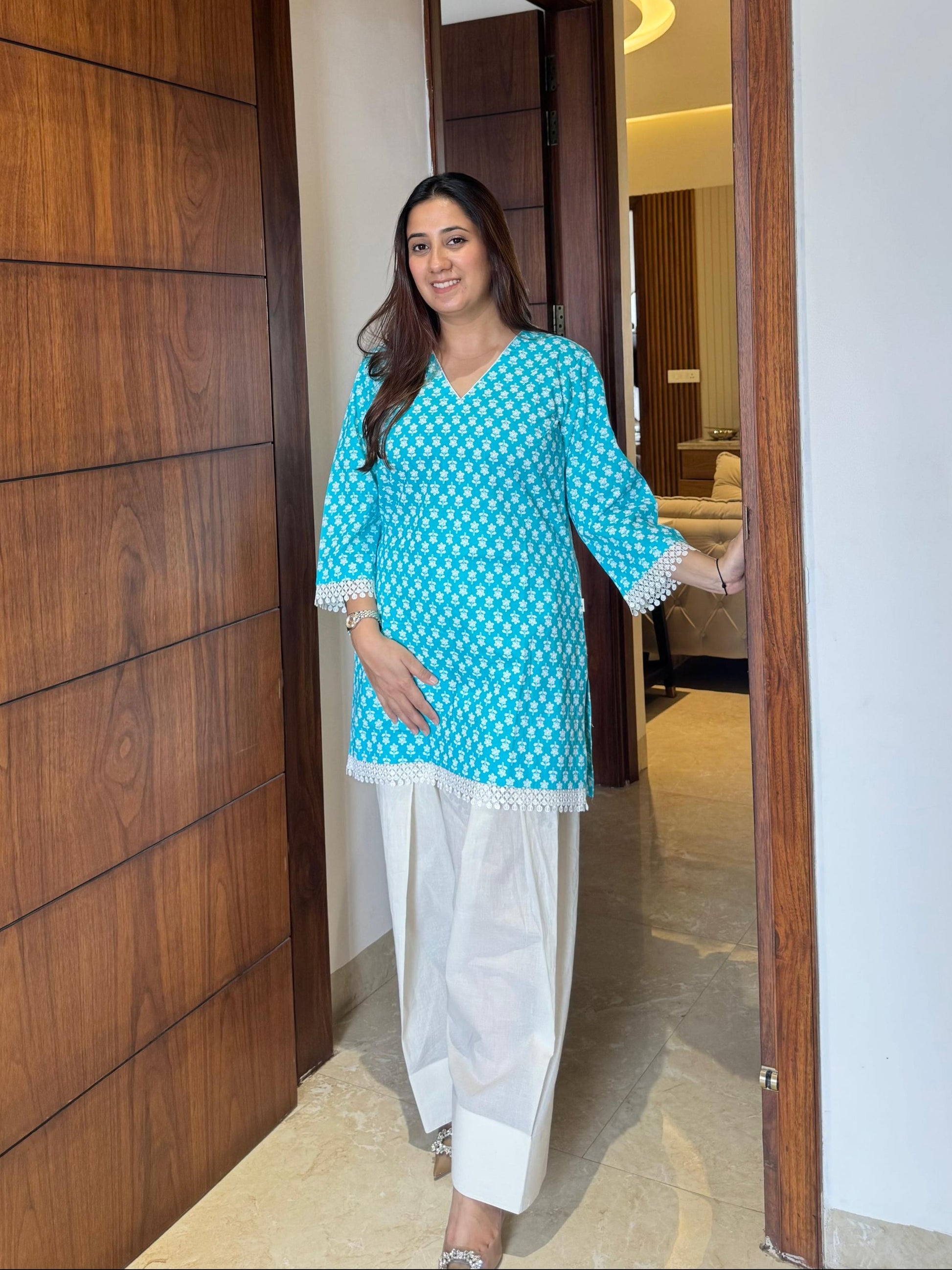 Turkish blue kurta with off-white farsi salwar