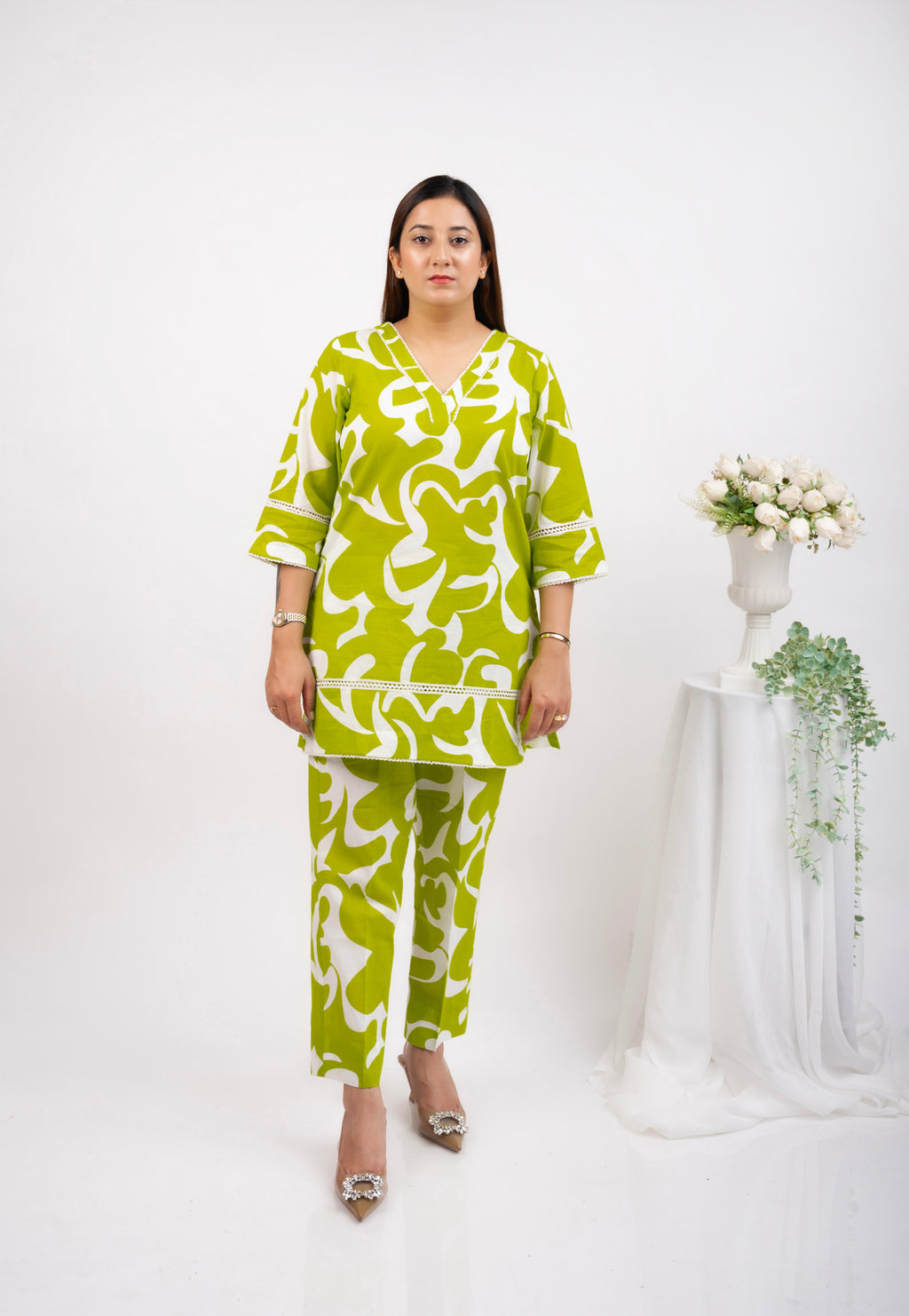 lime green Sage Floral Cotton Co-ord Set