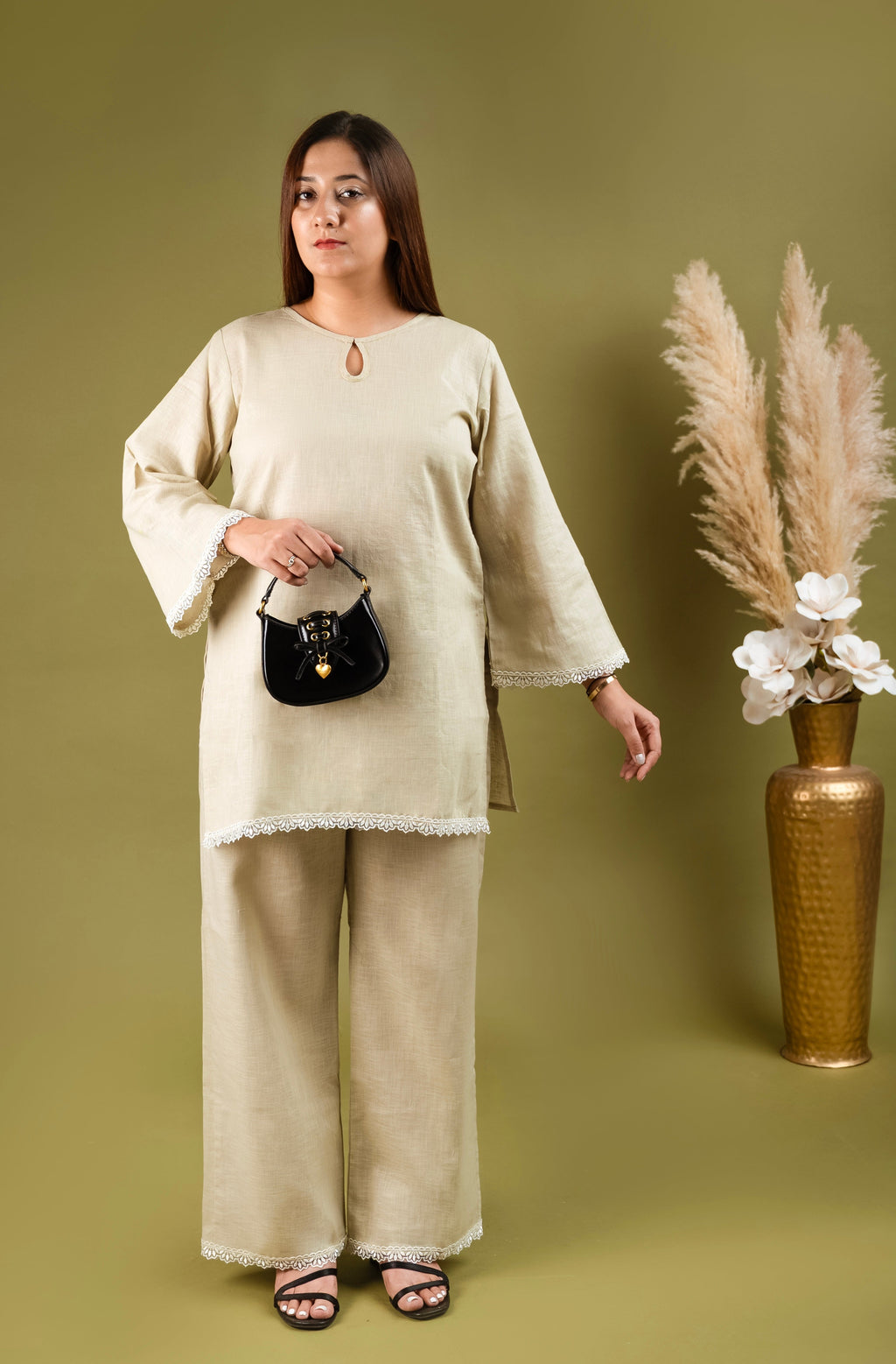 Light olive Abstract elegance cotton linen co-ord set